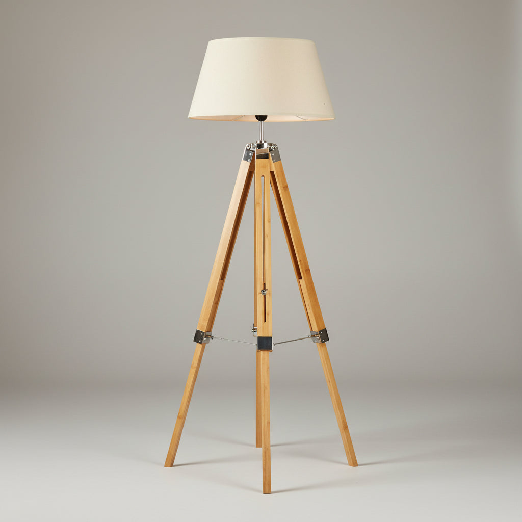 Modern Tripod Floor Lamp w Linen Shade in Bamboo Vintage Wooden Retro