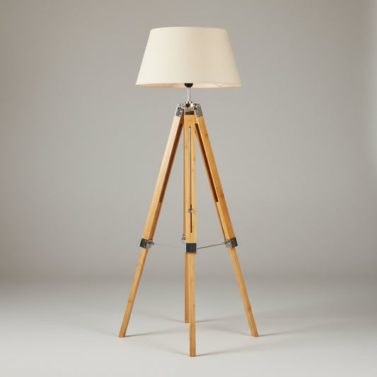 Modern Tripod Floor Lamp w Linen Shade in Bamboo Vintage Wooden Retro