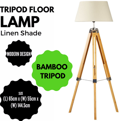 Modern Tripod Floor Lamp w Linen Shade in Bamboo Vintage Wooden Retro