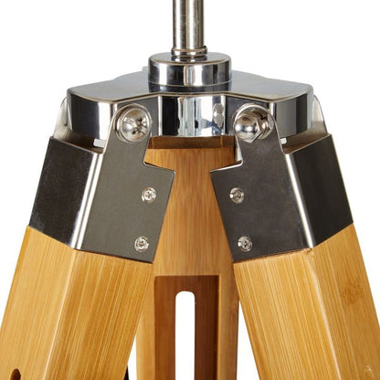 Modern Tripod Floor Lamp w Linen Shade in Bamboo Vintage Wooden Retro