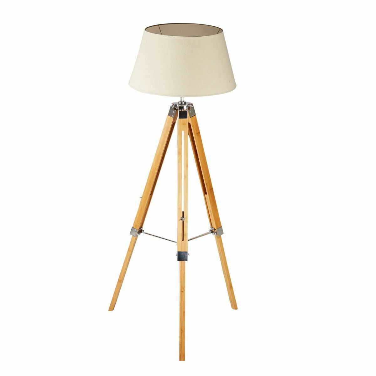 Modern Tripod Floor Lamp w Linen Shade in Bamboo Vintage Wooden Retro