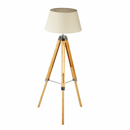 Modern Tripod Floor Lamp w Linen Shade in Bamboo Vintage Wooden Retro
