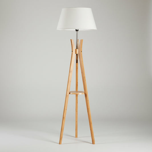 Modern Tripod Floor Lamp Linen Shade - Wooden Scandi