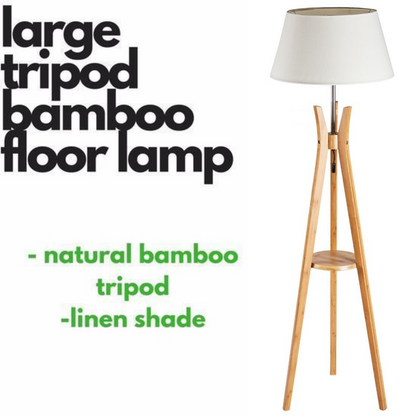 Modern Tripod Floor Lamp Linen Shade - Wooden Scandi