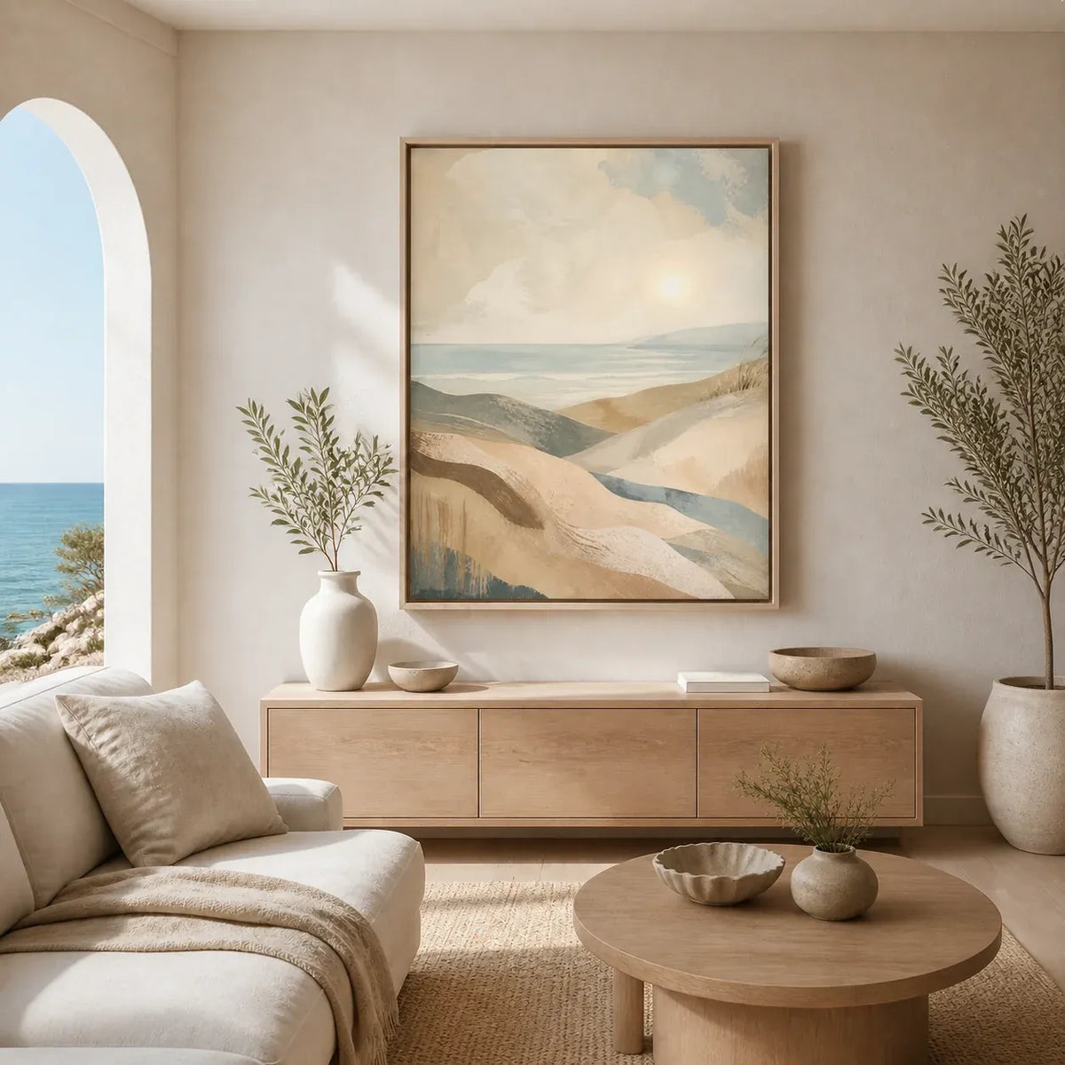 Coastal Drift Floating Canvas Wall Art – Natural Birch Frame 60 × 120cm
