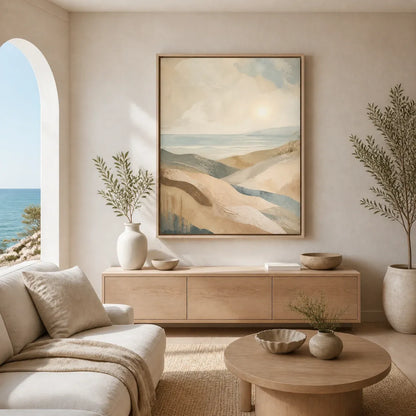 Coastal Drift Floating Canvas Wall Art – Natural Birch Frame 60 × 120cm