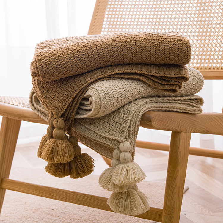 Beige 110cm x 150cm Soft Tassel Throw Blanket for Sofa or Bed