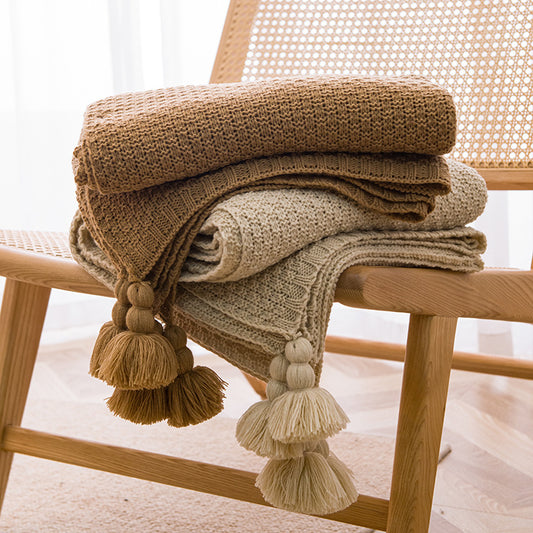Soft Tassel Throw Blanket for Sofa or Bed - Beige