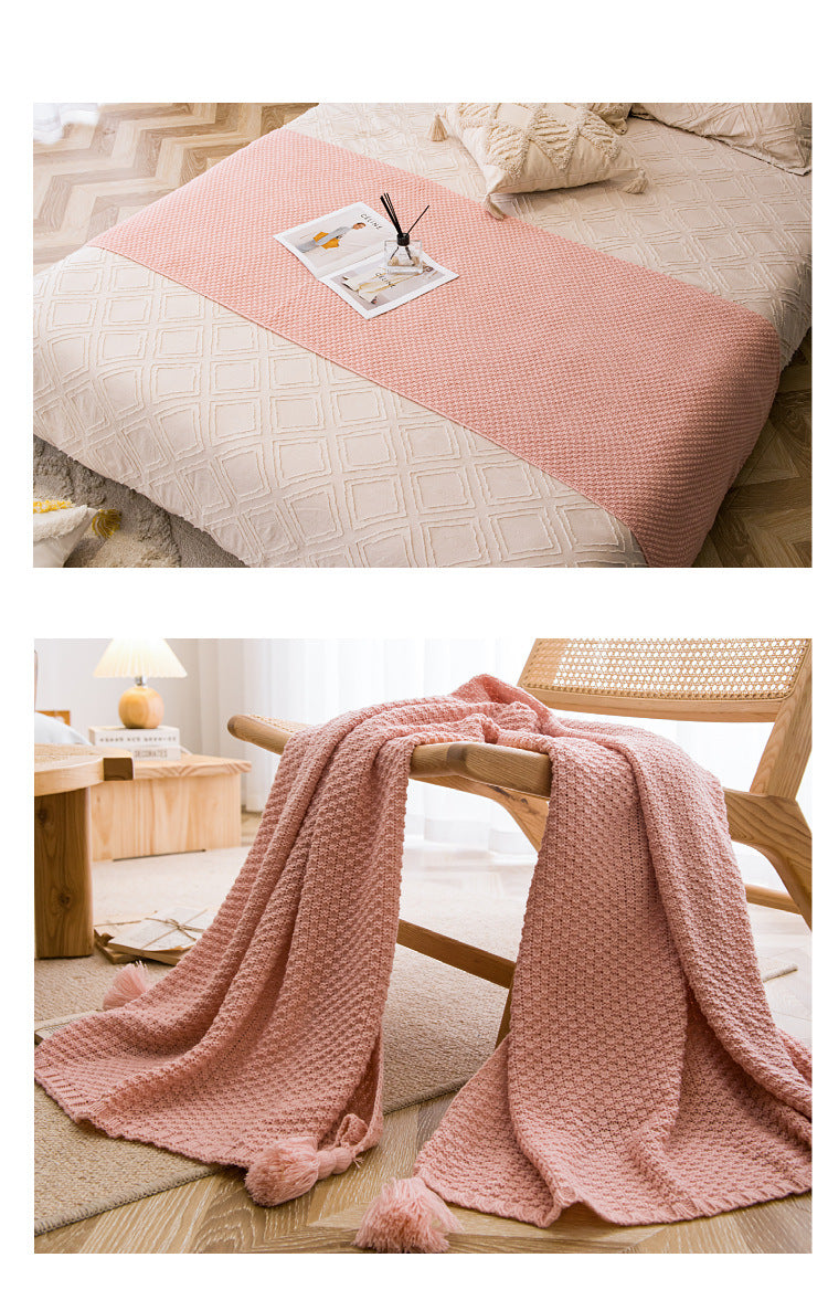 Beige 110cm x 150cm Soft Tassel Throw Blanket for Sofa or Bed