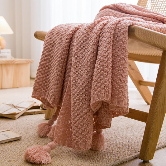 Pink 110cm x 150cm Soft Tassel Throw Blanket for Sofa or Bed