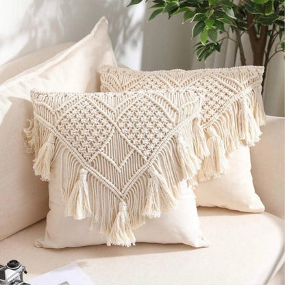 Beige Boho Chic Macrame Cushion Cover with Tassels