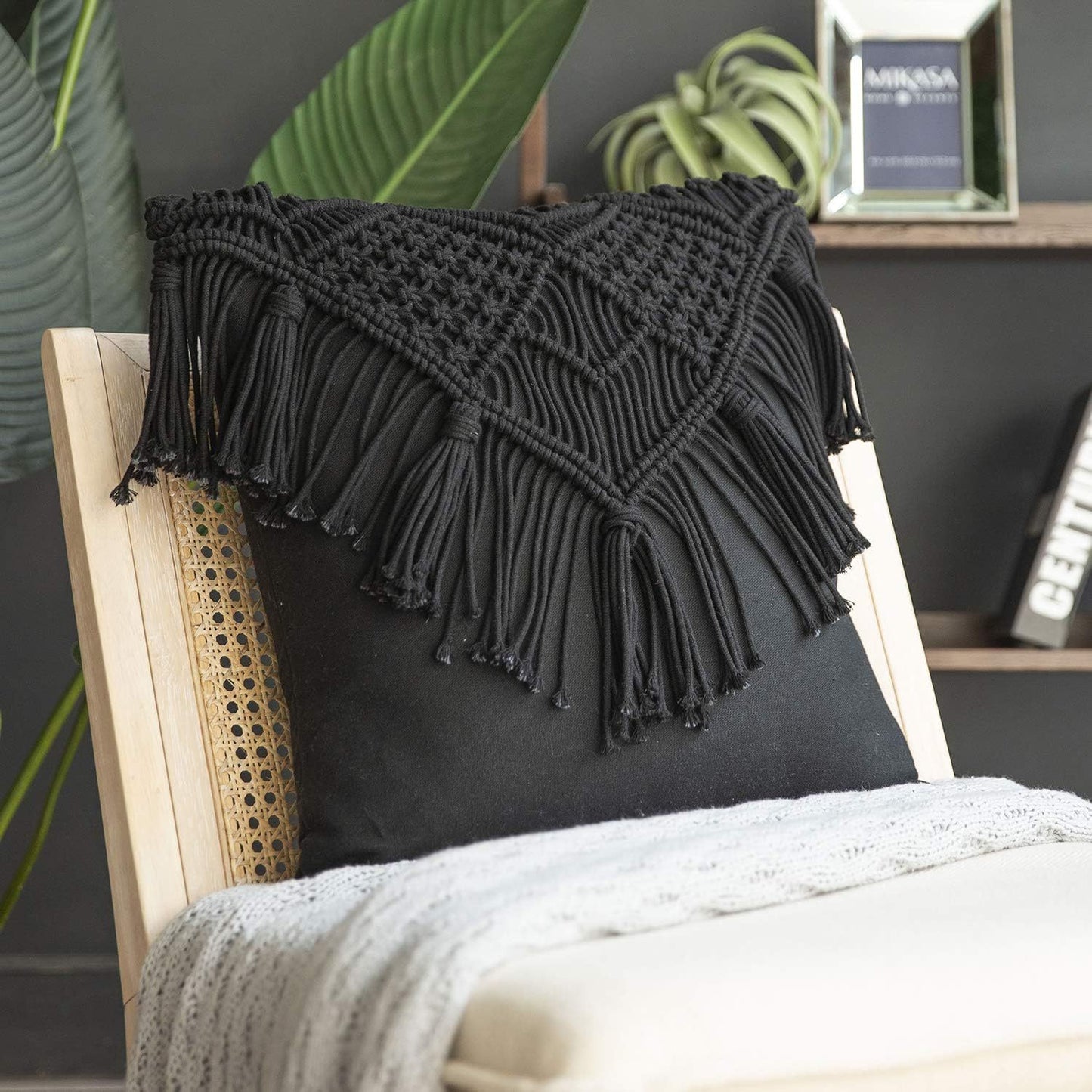 Black Boho Chic Macrame Cushion Cover with Tassels