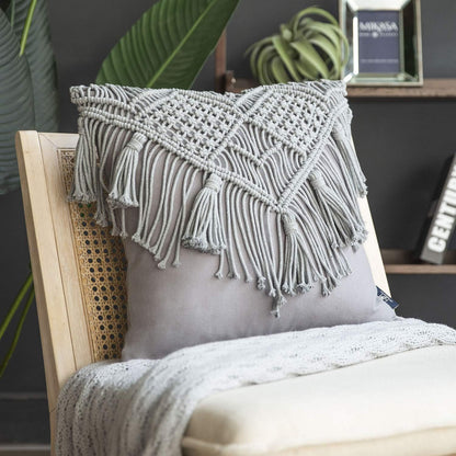 Grey Boho Chic Macrame Cushion Cover with Tassels