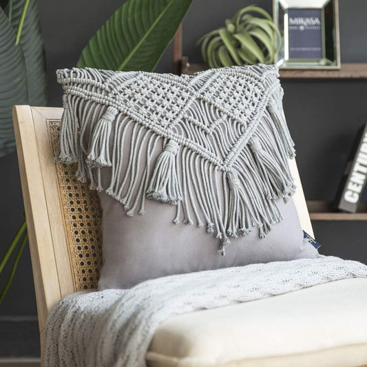 Grey Boho Chic Macrame Cushion Cover with Tassels