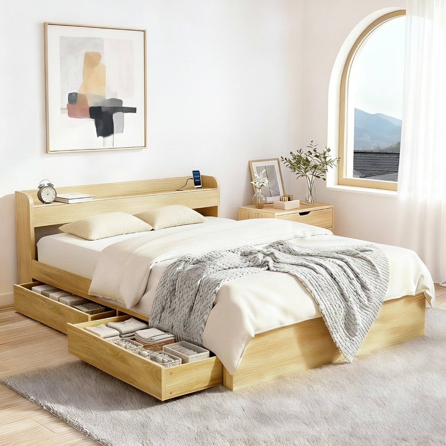 Bed Frame Queen Size with Charging Ports and 2 Drawers