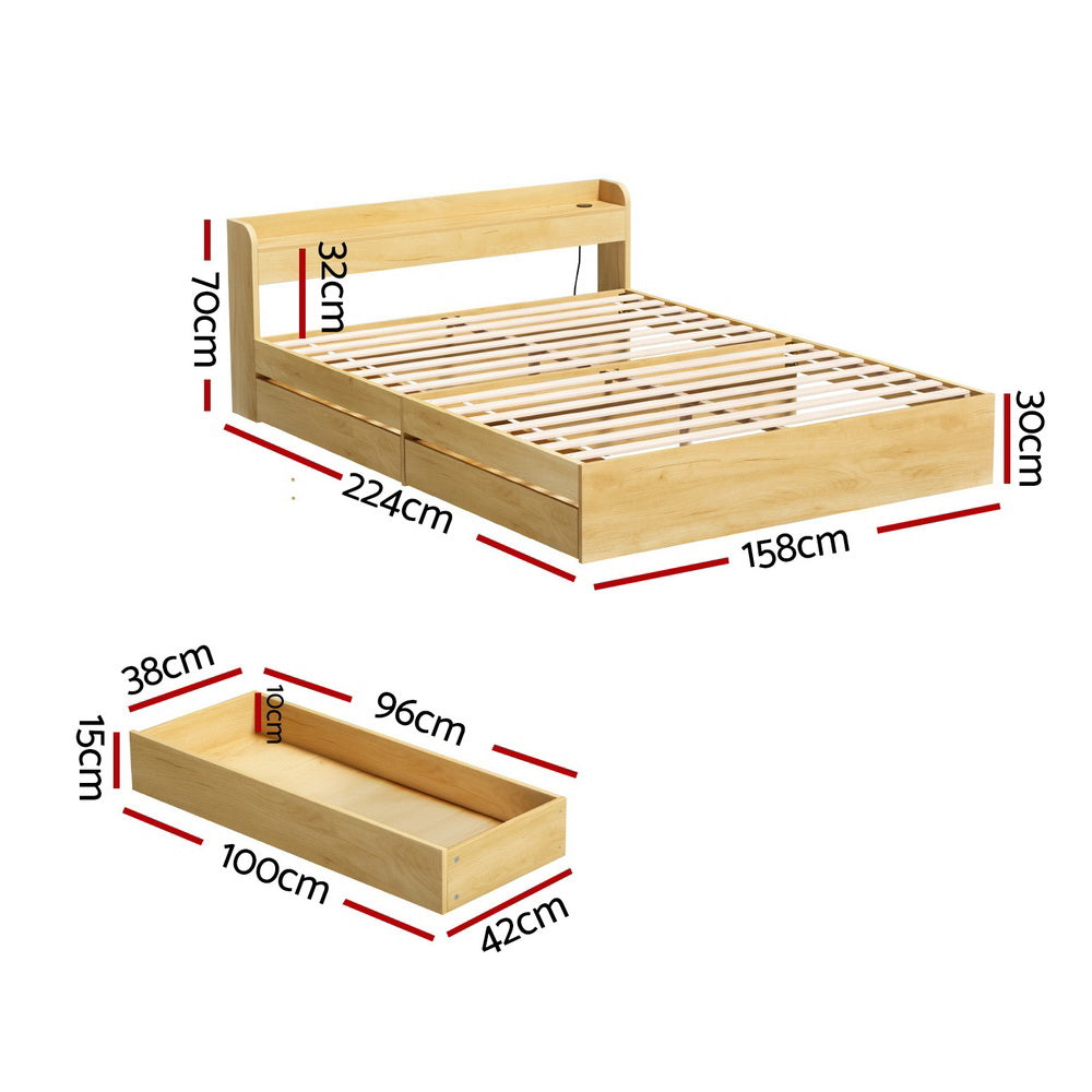 Bed Frame Queen Size with Charging Ports and 2 Drawers