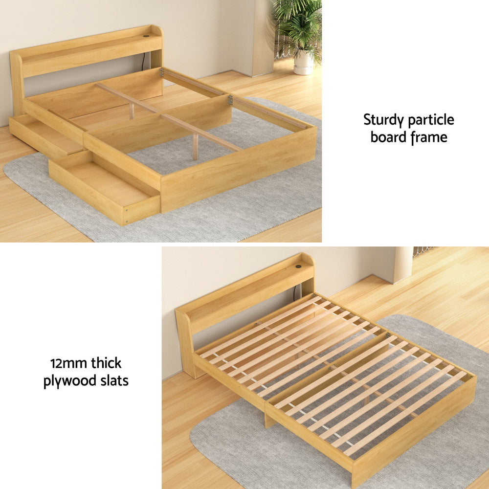 Bed Frame Queen Size with Charging Ports and 2 Drawers