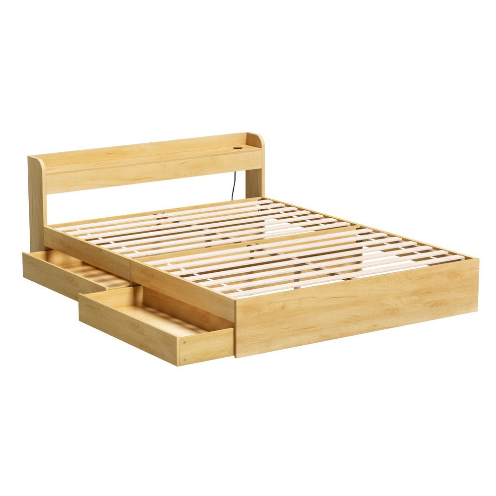 Bed Frame Queen Size with Charging Ports and 2 Drawers