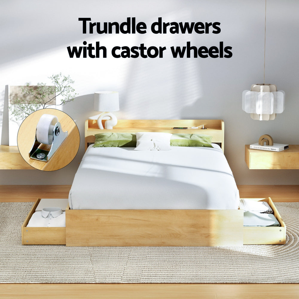 Bed Frame Queen Size with Charging Ports and 2 Drawers