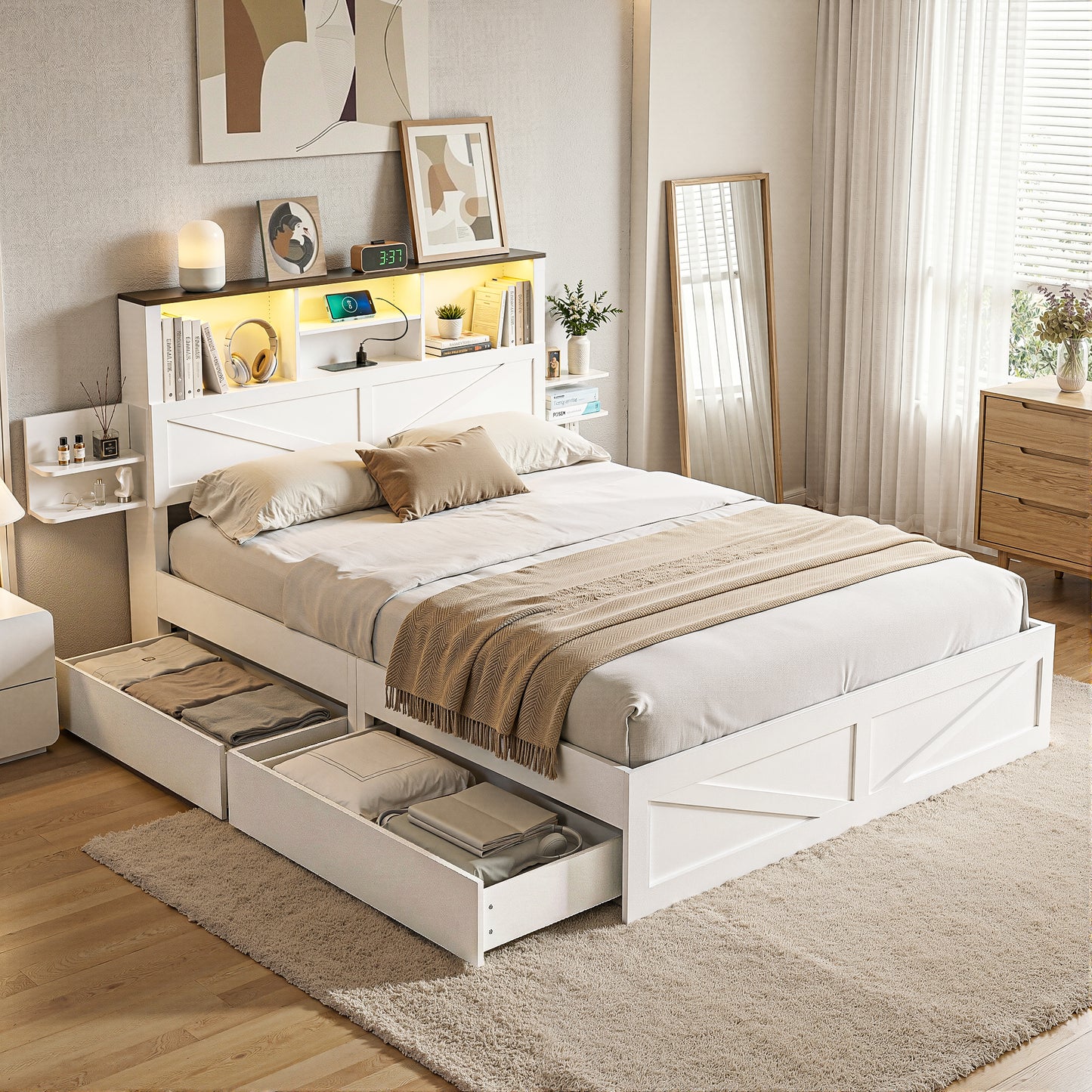 Queen Bed Frame with Storage Drawers - White