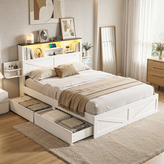 Queen Bed Frame with Storage Drawers - White