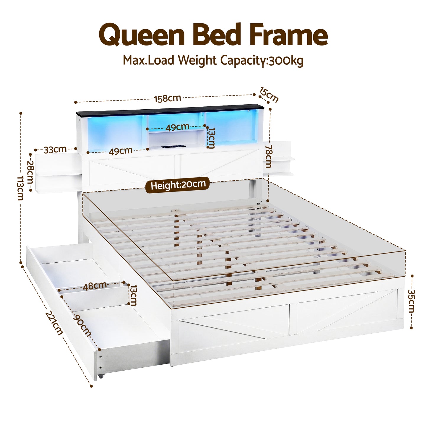 Queen Bed Frame with Storage Drawers - White