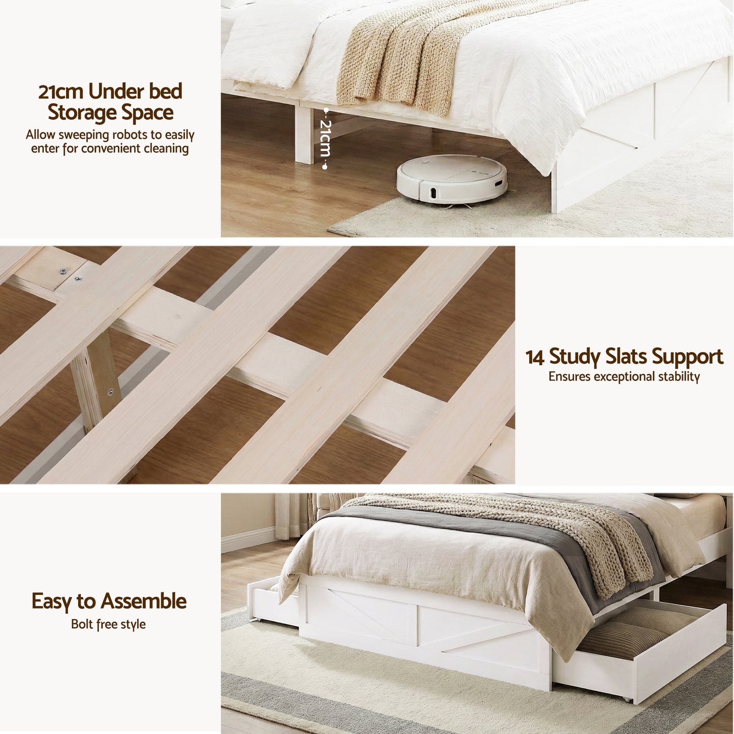 Queen Bed Frame with Storage Drawers - White