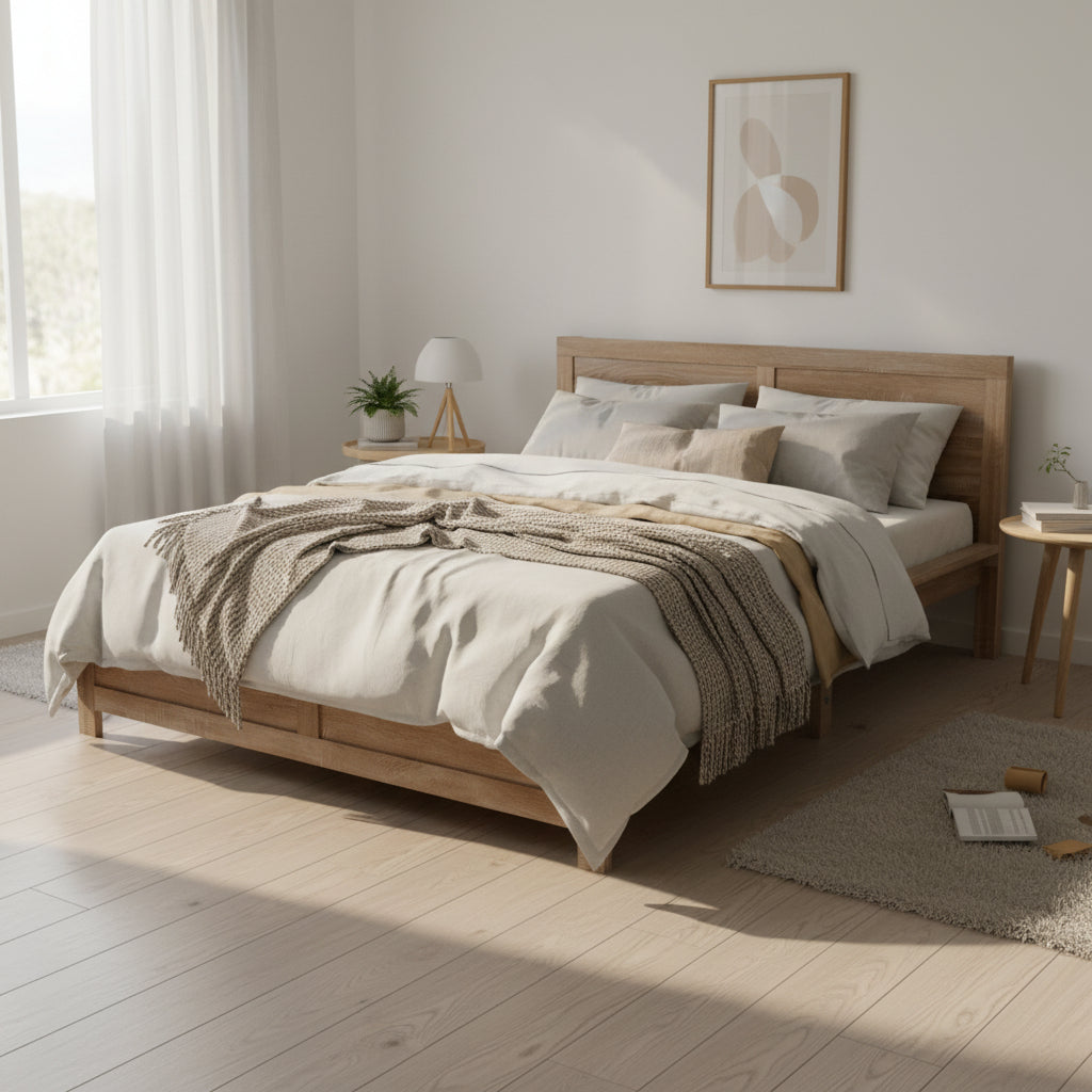 Wooden Acacia Bed Frame Double Size- Oatmeal